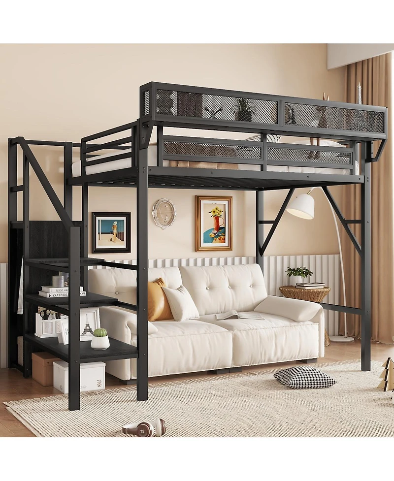 Streamdale Furniture Twin Size Metal Loft Bed with Stairs, Storage Shelves, and Wardrobe