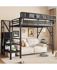 Streamdale Furniture Twin Size Metal Loft Bed with Stairs, Storage Shelves, and Wardrobe