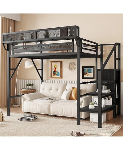Streamdale Furniture Twin Size Metal Loft Bed with Stairs, Storage Shelves, and Wardrobe