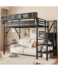 Streamdale Furniture Twin Size Metal Loft Bed with Stairs, Storage Shelves, and Wardrobe