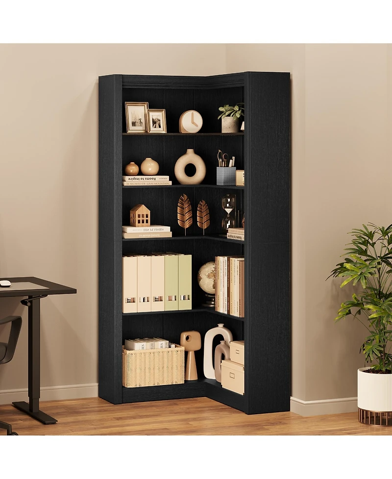 homfan 71.8" L-Shaped Farmhouse Corner Bookshelf, 5-Tier Wood Bookcase with Anti-Tipping Kit