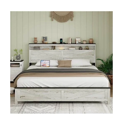 Lucky One King Size Bed Frame with Wooden Headboard, Hidden Under-Bed Storage, Usb Charging Station, No Box Spring Needed