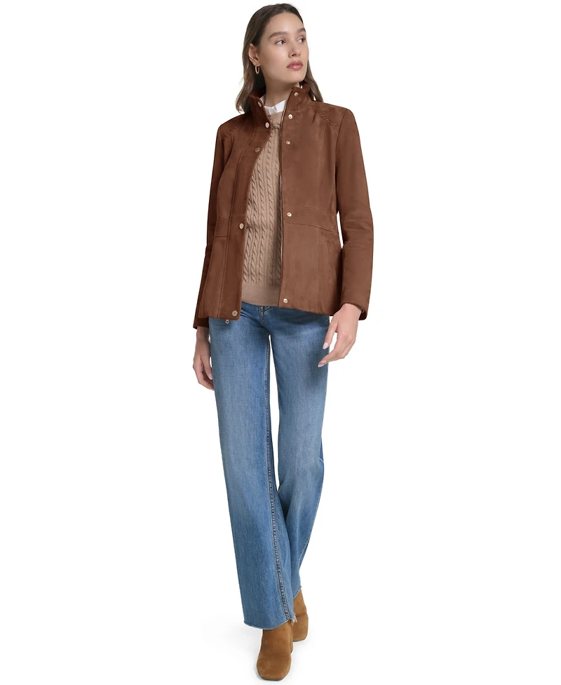 Cole Haan Women's Suede Zip Up Jacket with Stitch Detailing