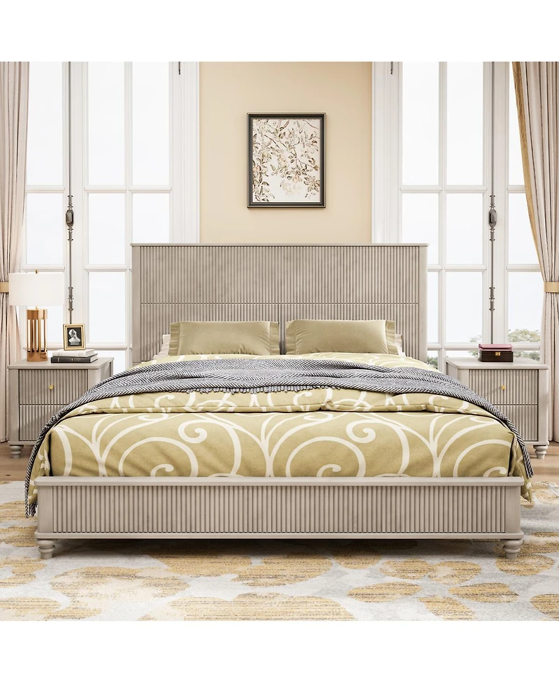 Streamdale Furniture King Solid Wood Platform Bed Frame with Tall Headboard, No Box Spring Needed