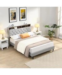 Lucky One Queen Size Upholstered Platform Bed Frame with Button-Tufted Linen Headboard, Usb Ports, Charging Station, Side Pockets