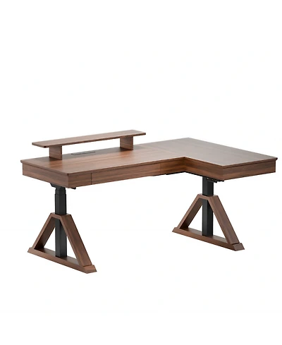 Flexispot Fusion Retro 70" L-Shaped Electric Height Adjustable Standing Desk For Home Office-Walnut Veneer