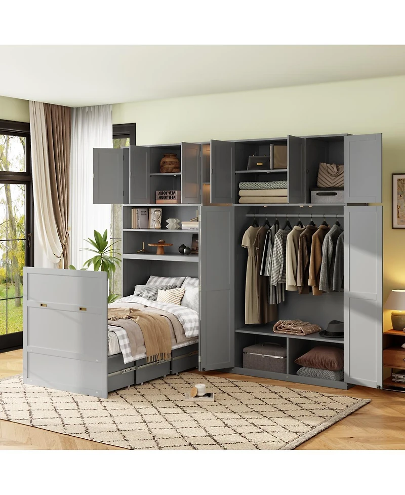 Streamdale Furniture Twin Murphy Cabinet Bed with Wardrobe, Storage Shelves and Led Lighting