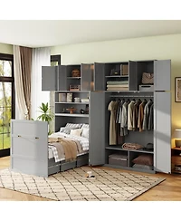 Streamdale Furniture Twin Murphy Cabinet Bed with Wardrobe, Storage Shelves and Led Lighting