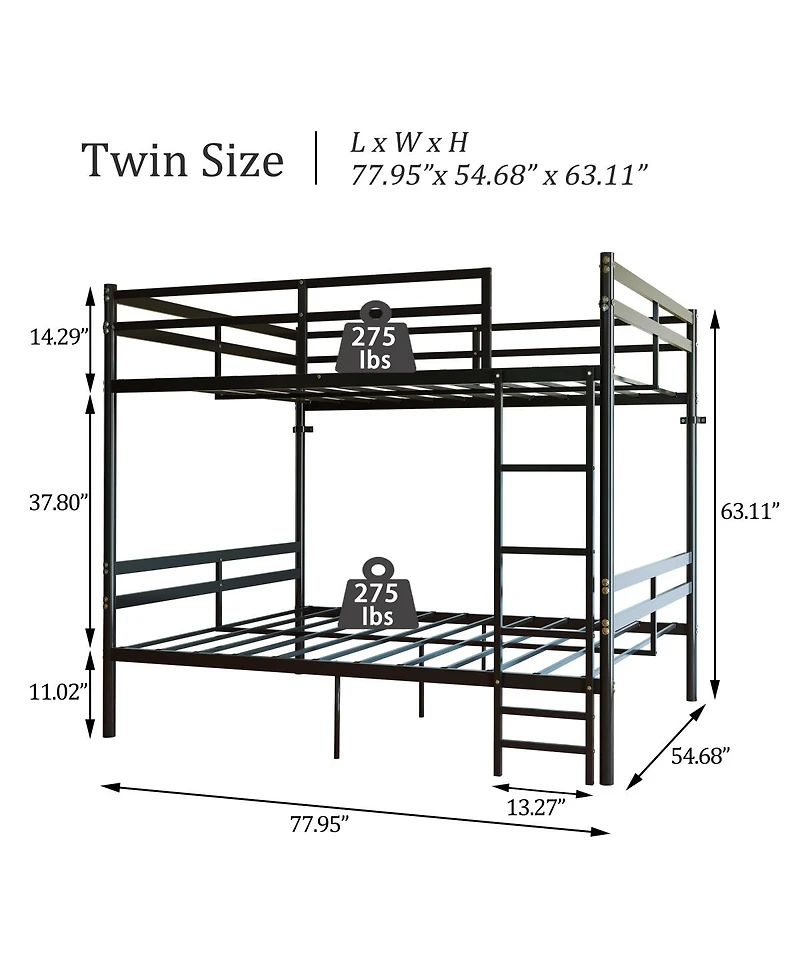 Streamdale Furniture Metal Twin Over Twin Bunk Bed with Safety Guardrails