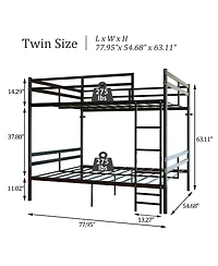 Streamdale Furniture Metal Twin Over Twin Bunk Bed with Safety Guardrails