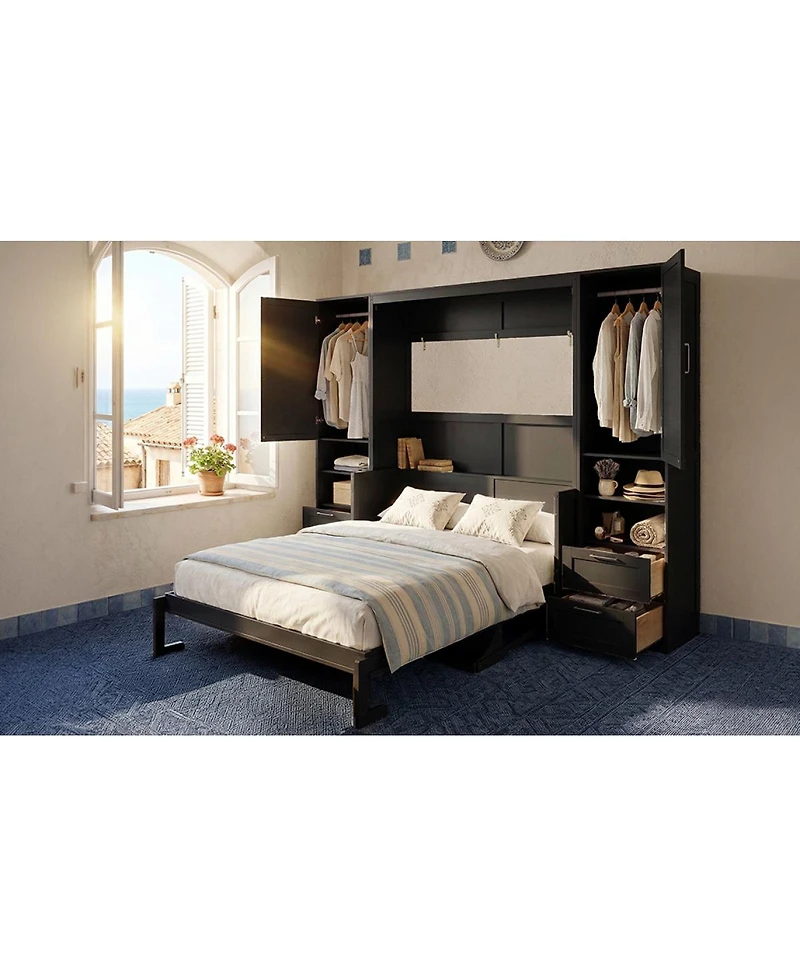Streamdale Furniture Queen Size Murphy Bed with Closet, Drawers, and Shelves - Oak Veneer