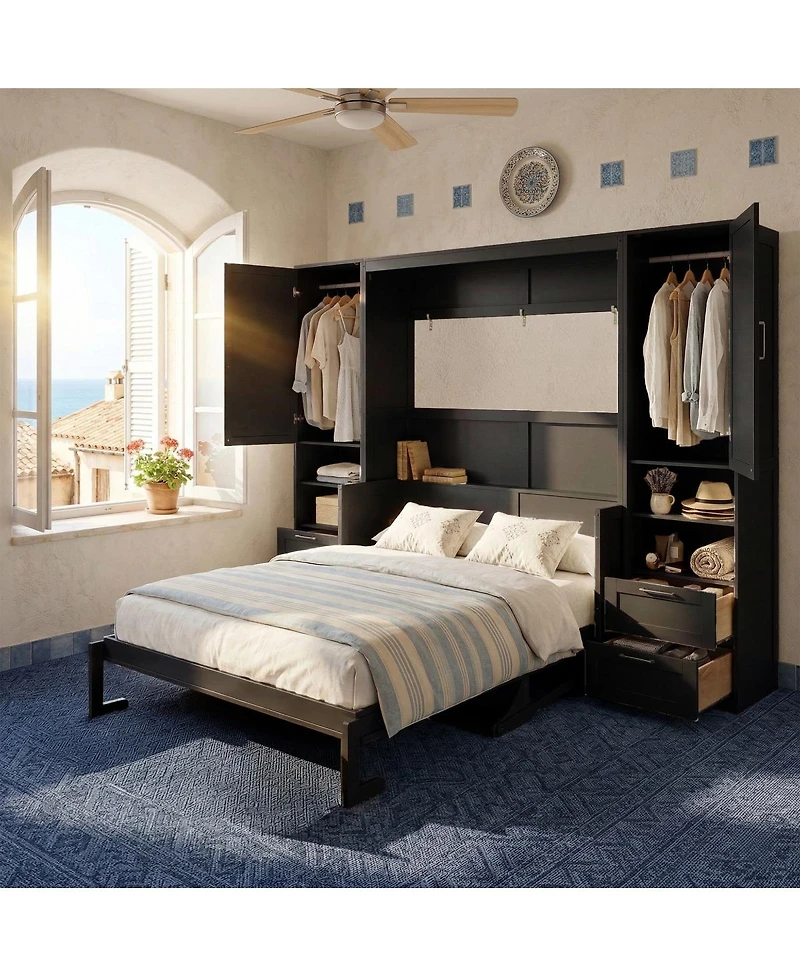 Streamdale Furniture Queen Size Murphy Bed with Closet, Drawers, and Shelves - Oak Veneer