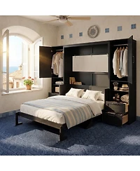 Streamdale Furniture Queen Size Murphy Bed with Closet, Drawers, and Shelves - Oak Veneer
