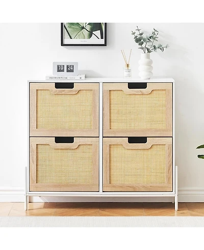 Homfan 39.4" Rattan 4-Door Shoe Cabinet with Adjustable Shelves, Freestanding Entryway Organizer