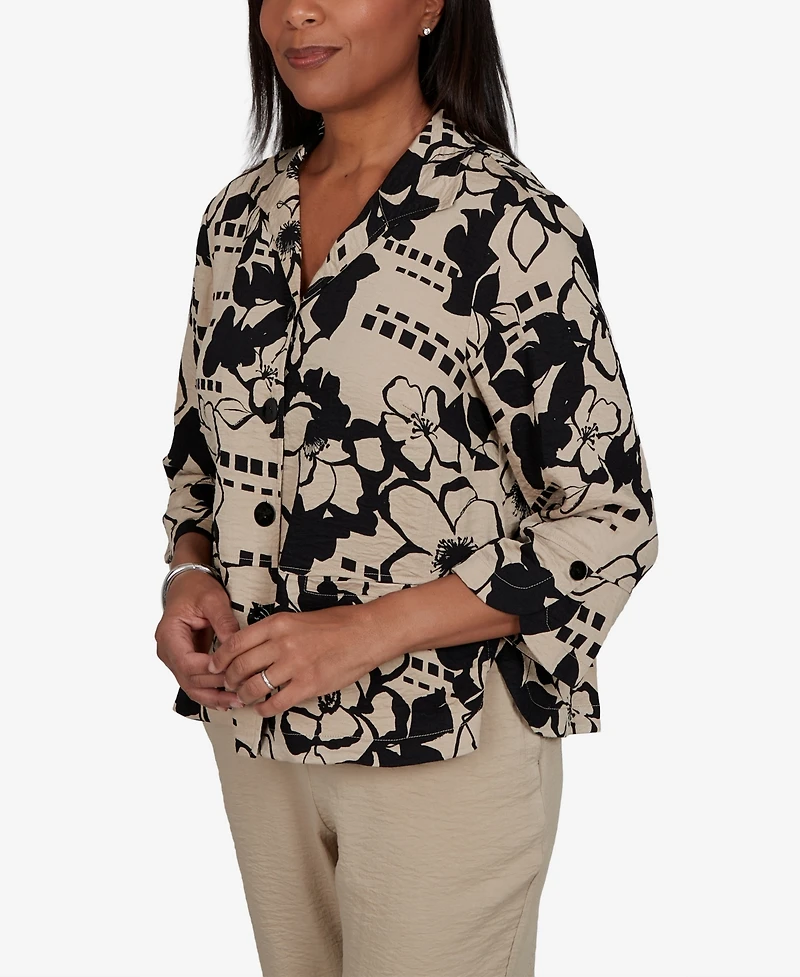 Alfred Dunner Women's Travel Advisory Geo Floral Button Front Top