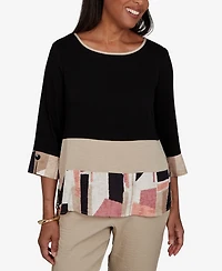 Alfred Dunner Women's Travel Advisory Spliced Patchwork Woven Top