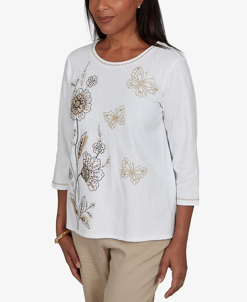 Alfred Dunner Women's Travel Advisory Floral Butterfly Line Embroidered Top
