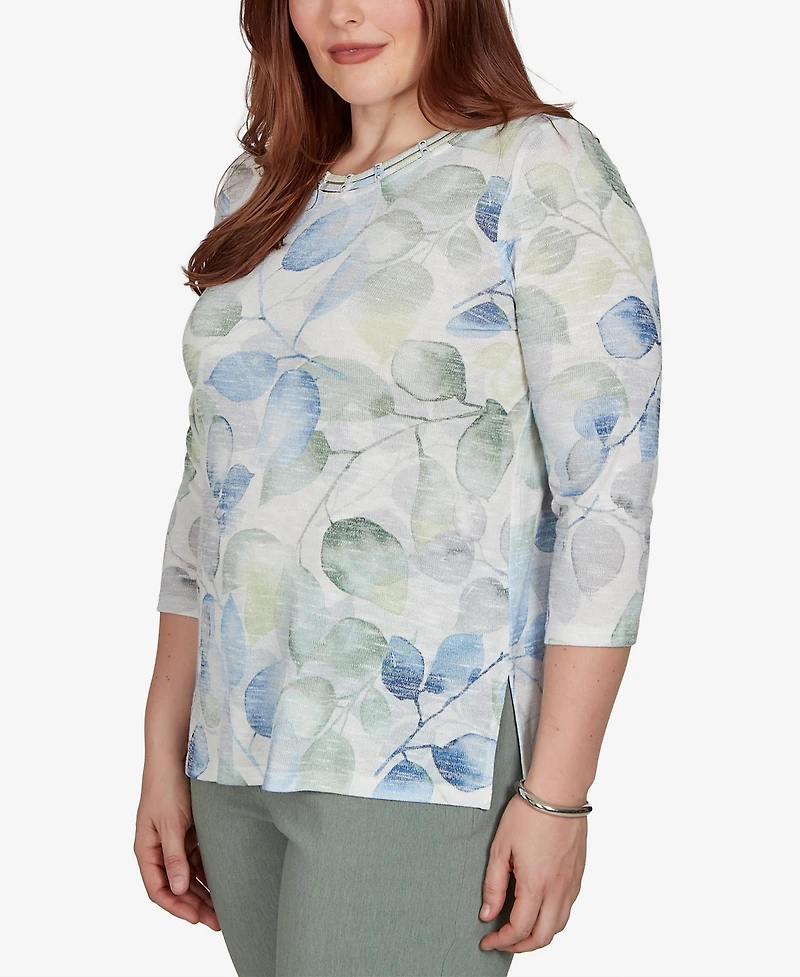 Alfred Dunner Women's Provence Watercolor Allover Leaf Print Top