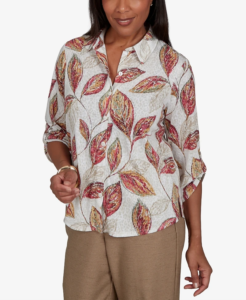 Alfred Dunner Women's Union Square Sketched Leaf Button Front Knit Top