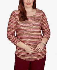 Alfred Dunner Women's Union Square Spacedye Biadere Stripe Top With Necklace