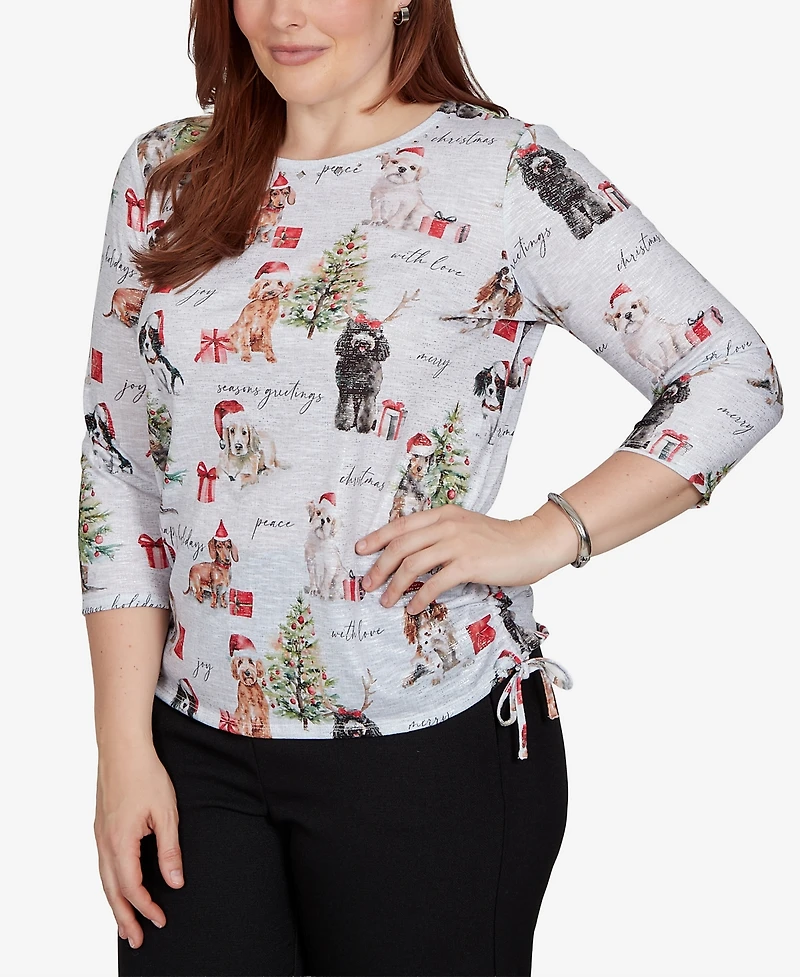 Alfred Dunner Women's Classic Gift Giving Dogs Knit Top