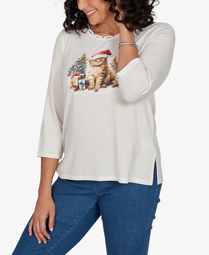 Alfred Dunner Women's Classic Santa Cat Knit Top
