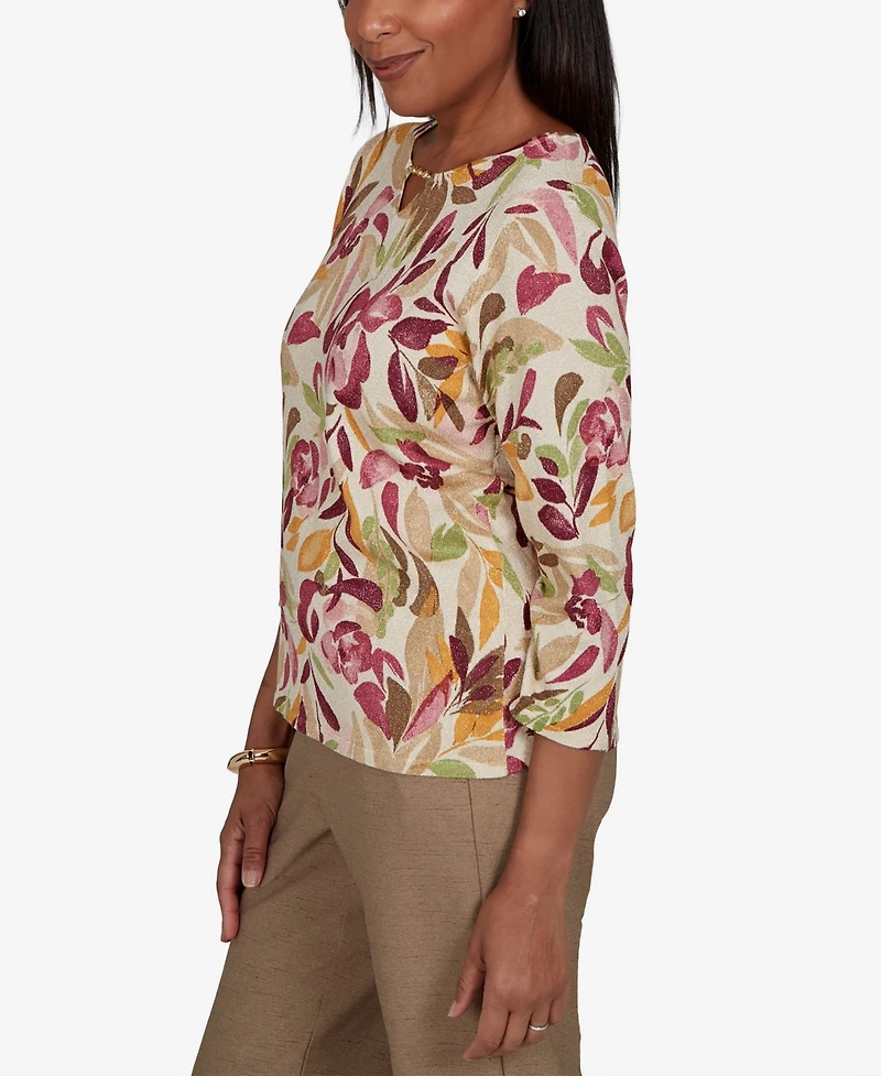 Alfred Dunner Women's Union Square Floral Painterly Print Shimmer Sweater