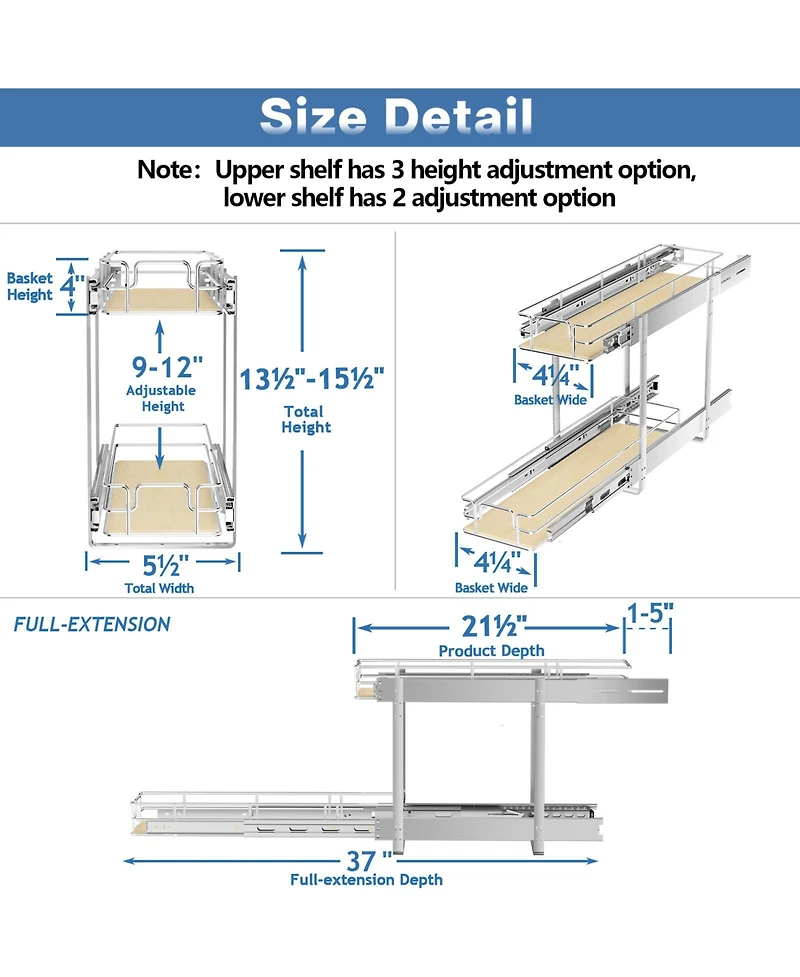 Lovmor 2 Tier Individual Pull Out Cabinet Organizer D Slide Wood Shelves Storage for Kitchen