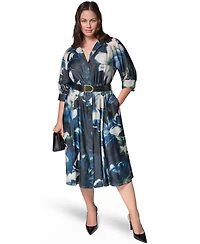 Donna Karan New York Plus Collared Belted Printed Midi Shirtdress