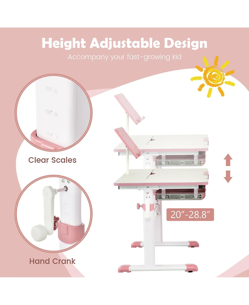 Height-Adjustable Kids Desk Children Study Table with Tilt Desktop & Book Stand