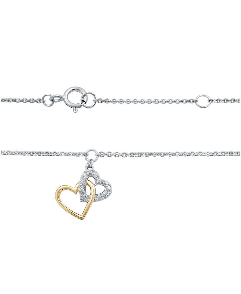 Diamond Accent Double Heart Ankle Bracelet in Sterling Silver & 14k Gold-Plate
