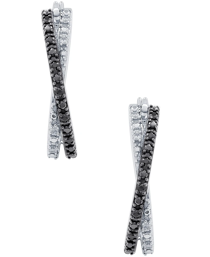 Black Diamond (1/10 ct. t.w.) & White Diamond (1/20 ct. t.w.) Crossover Hoop Earrings in Sterling Silver