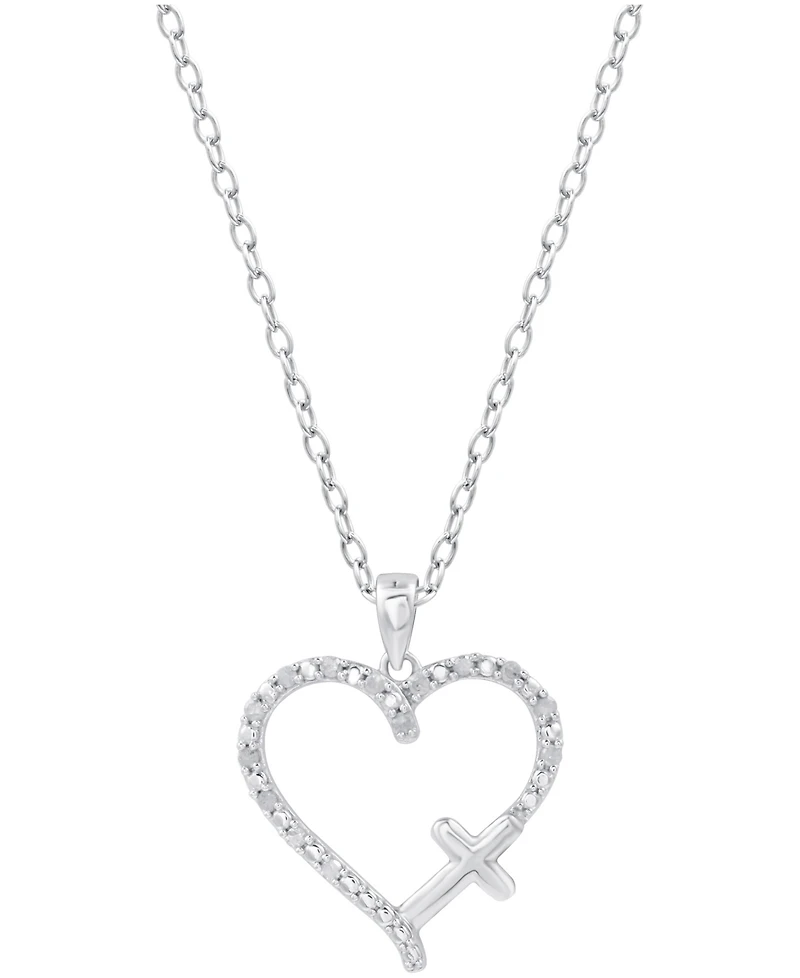 Diamond Heart & Cross 18" Pendant Necklace (1/10 ct. t.w.) Sterling Silver or 14k Gold-Plate