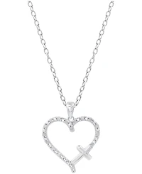 Diamond Heart & Cross 18" Pendant Necklace (1/10 ct. t.w.) Sterling Silver or 14k Gold-Plate