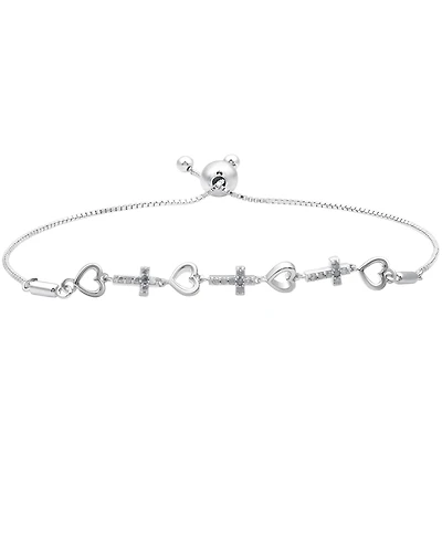 Diamond Heart & Cross Bolo Bracelet (1/6 ct. t.w.) in Sterling Silver