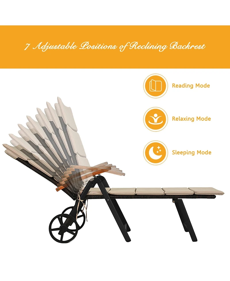 Costway Folding Patio Rattan Lounge Chair Chaise Cushioned Aluminum Adjust Wheel