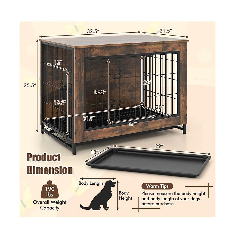 Ruie Dog Crate Furniture End Table with Double Lockable Doors Pull-Out Tray