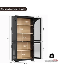 70" Tall Arch Glass Pantry Cabinet, 4-Door Display Storage with Adjustable Shelvesfor Kitchen, Dining Room, Living Bathroom
