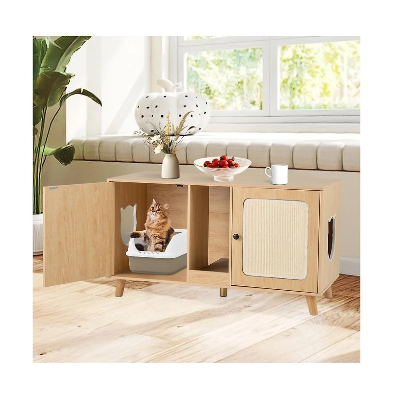 Ruie Cat Litter Box Enclosure with Double Rooms and 2 Sisal Scratching Mats