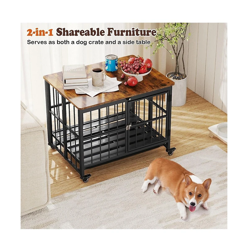 Ruie Foldable Dog Crate Furniture End Table Removable Tray Lockable Door Wheels