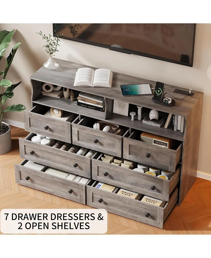 gaomon 7-Drawer Dresser with Led Lights & Charging Station, Wooden Chest with Open Storage for Bedroom