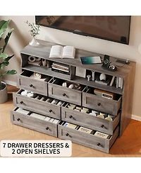 gaomon 7-Drawer Dresser with Led Lights & Charging Station, Wooden Chest with Open Storage for Bedroom