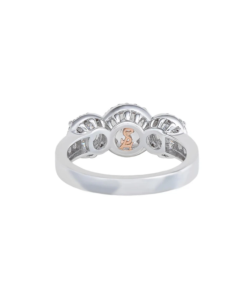 Suzy Levian Sterling Silver Cubic Zirconia White Three Stones Halo Center Stone Ring