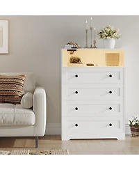 4-Drawer Wooden Dresser with Led Lights & Charging Station, Modern Nightstand Chest for Bedroom, White
