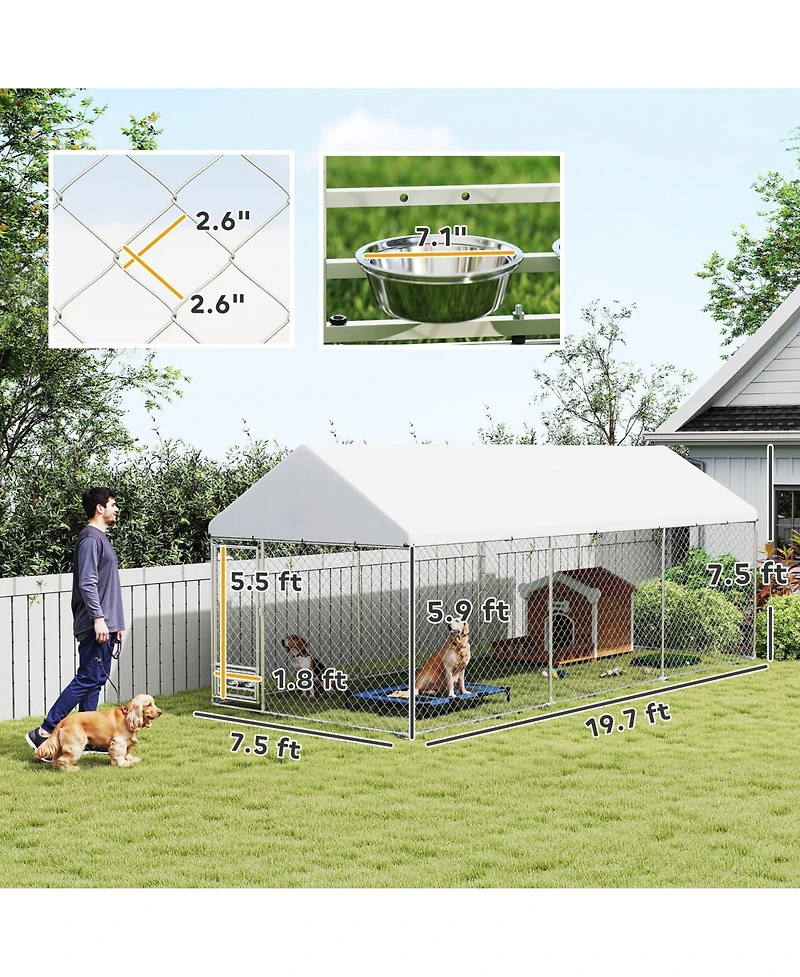 Ruie Outdoor Dog Kennel Dog Run with Rotatable Bowl Rack and Cover
