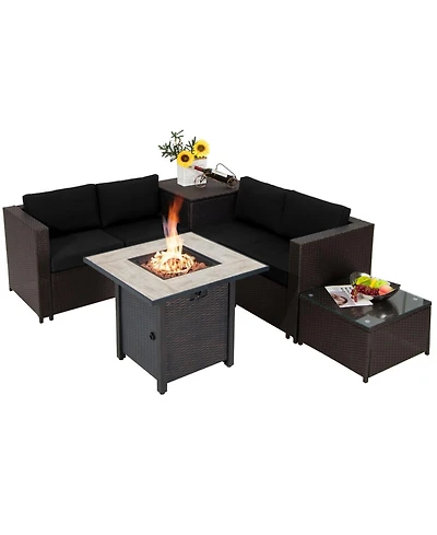 Sugift 5-Piece Patio Furniture Set with 30 in Gas Fire Pit Table and Wicker Loveseats