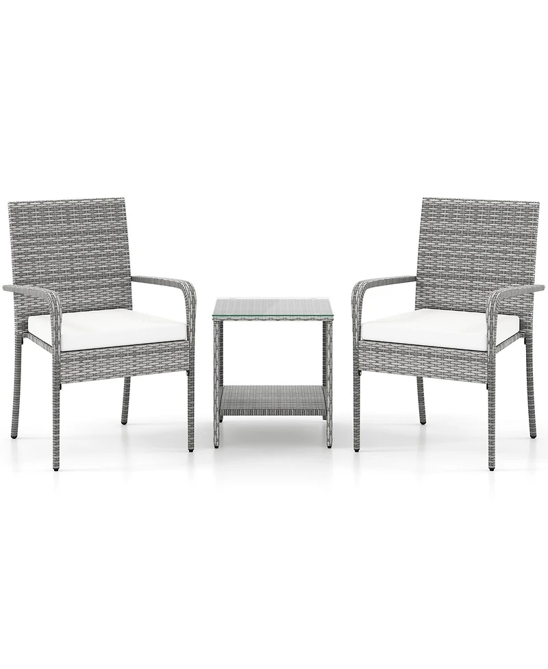 Sugift 3 Piece Patio Furniture Set with Seat Cushions and Tempered Glass Tabletop for Balcony