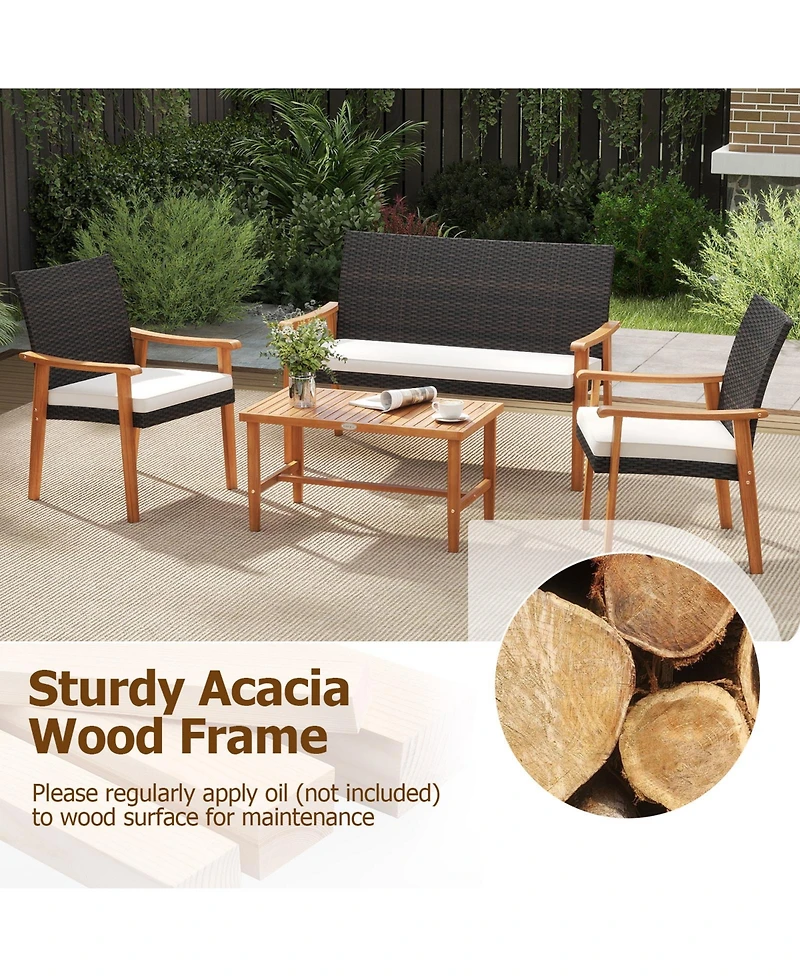 Sugift 4 Piece Patio Furniture Set Pe Rattan Porch Chairs with Acacia Wood Coffee Table and Soft Cushions