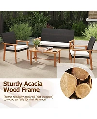 Sugift 4 Piece Patio Furniture Set Pe Rattan Porch Chairs with Acacia Wood Coffee Table and Soft Cushions
