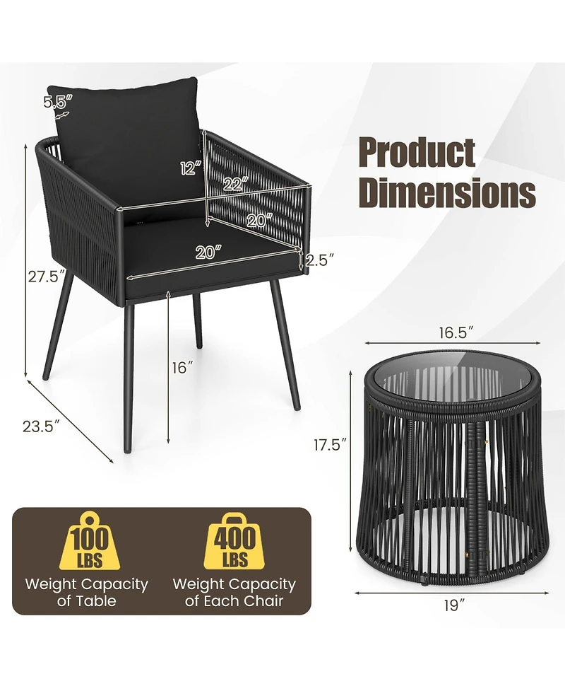Sugift 3 Piece Outdoor Patio Bistro Furniture Set with Cushions and Glass Side Table